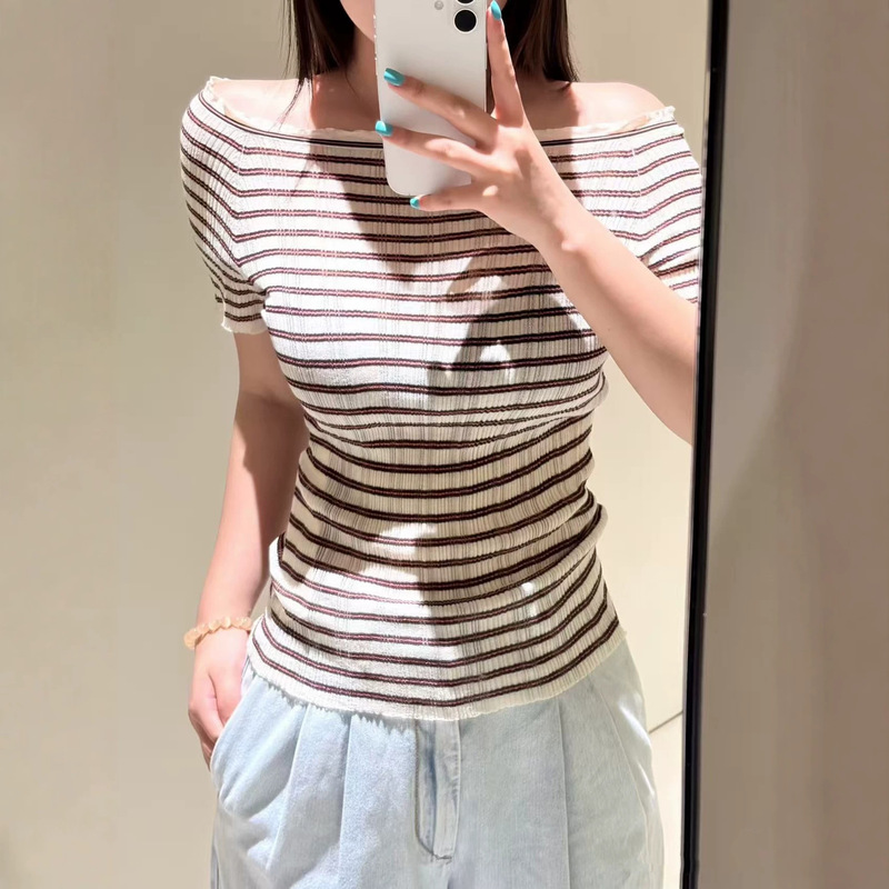 Ejia Women's Clothing 2026 Summer New French Style Casual Versatile Off-Shoulder Striped Knitted T-Shirt Top