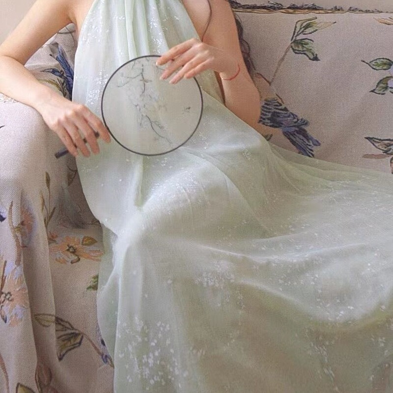 National Style Long Dress, Ankle-Length Cheongsam, Improved Loose Fit, Sleeveless, Large Hem, Mint Green, Floral Chiffon National Style Long Dress, Ankle-Length Cheongsam, Improved Loose Fit, Sleeveless, Large Hem, Mint Green, Floral Chiffon