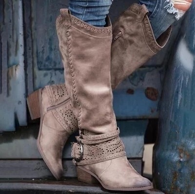 Boots Women's Mid-Calf Knight Boots Thick Heel Boots Autumn and Winter Retro Distressed Mid-Heeled Long Boots 40-43 Women's Shoes