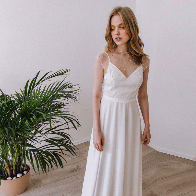 Comercio exterior europeo y americano Amazon AliExpress deseo nuevo vestido de novia vestido de noche cuello redondo perla malla adelgazamiento personalizable