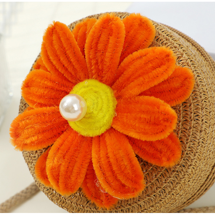 67g Weight Weave Fashion Element Zipper Closure Type Single Shoulder Strap Strap Type Straw Bag Bags Type Casual, Holiday Occasion Straw Material Flower Pattern Spring&Summer Season Kid'S Gender Cute Style Round, Bucket Shape Kid'S Straw Flower Cute Weave Round Bucket Zipper Straw Bag 9