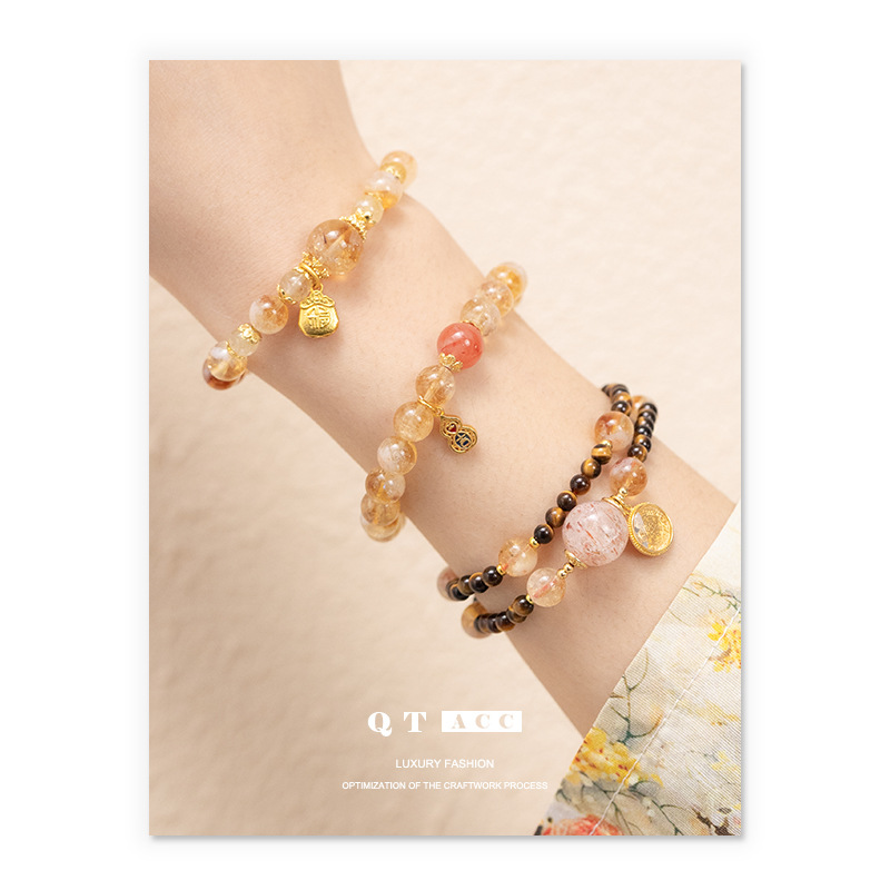 Natural amarillo cristal amarillo cristal rubio pulsera de cristal nicho ligero lujo explosión calabaza de arena oro pulsera de cristal amarillo mujer