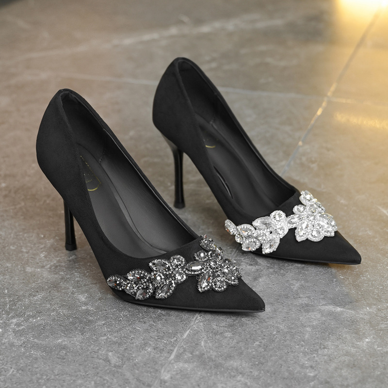 898-607 Suede Stiletto Heels 2025 New Pointed Toe Rhinestone Black High Heels Feminine Versatile Shoes