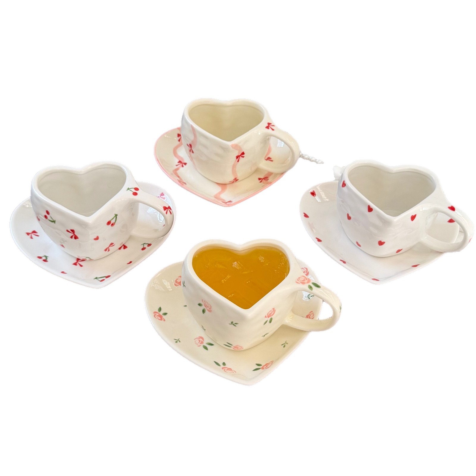 Estilo coreano inswind pintado a mano amor cerámica tazas y platos mano empujada irregular taza de café en forma de corazón plato de mesa de la tarde plato de taza