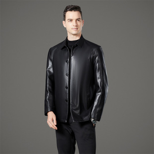 2024 New Autumn and Winter Men's Leather Jacket Casual Middle-Aged Dad's Lapel Button Style Sheepskin Jacket for Men