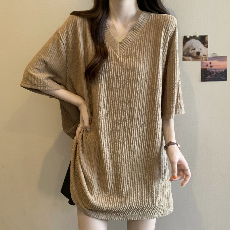 Plus Size Textured Slit V-Neck Mid-Length Top for Women Summer 2026 New Loose Slimming Short-Sleeved T-Shirt for Women
