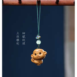 木雕呆萌小猴手机挂件可爱卡通十二生肖猴创意包配饰小礼品