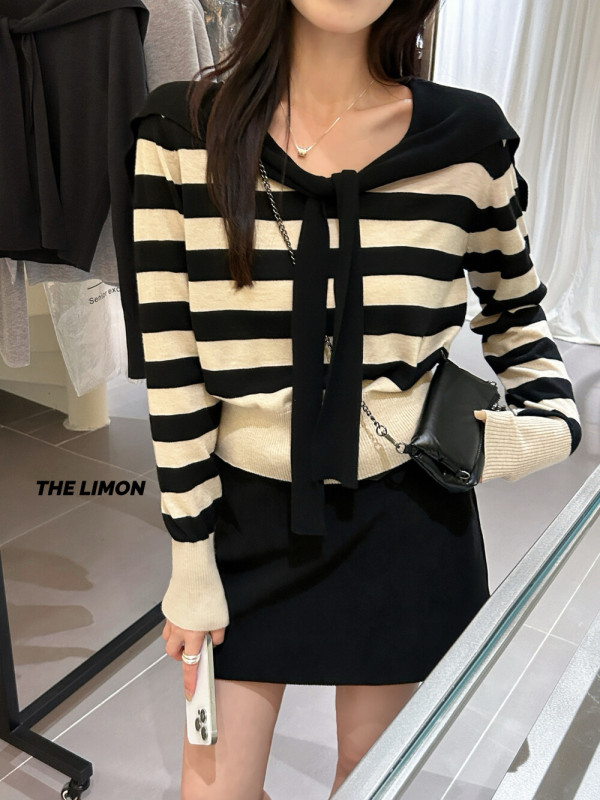 thelimon柠檬绿茶秋季新款时髦简约设计感条纹海军领长袖针织衫女|undefined