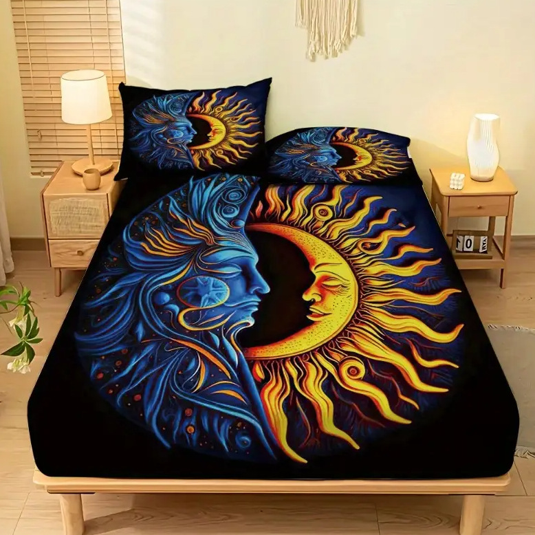 TEMU / JIT Transfronterizo Sol, Luna, Estrella y Río Patrón Temático 3D Impresión Digital Cama Kasama Kit de ropa de cama