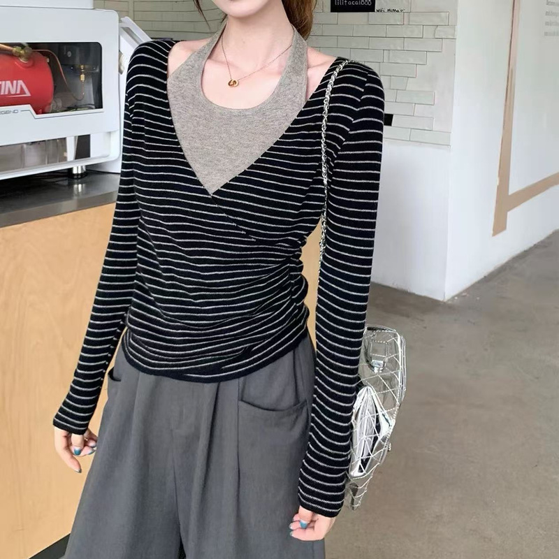 美式复古条纹假两件挂脖长袖T恤女2025秋新款高级感百搭显瘦上衣|undefined