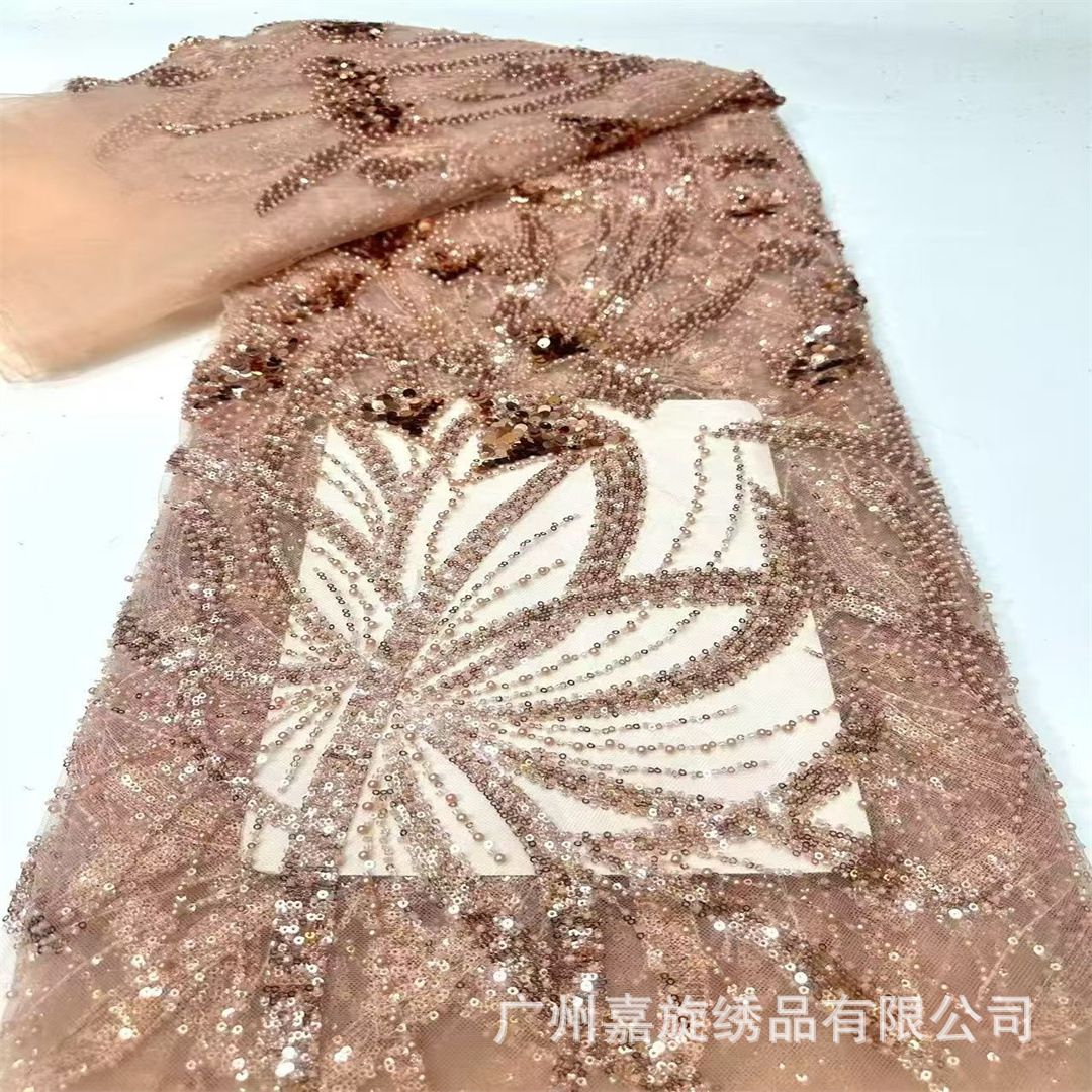 Nuevo transfronterizo de color sólido africano Xiaomi perlas rayas sequela bordado tubo de perlas encaje posicionamiento flor vestido de boda tela image 9