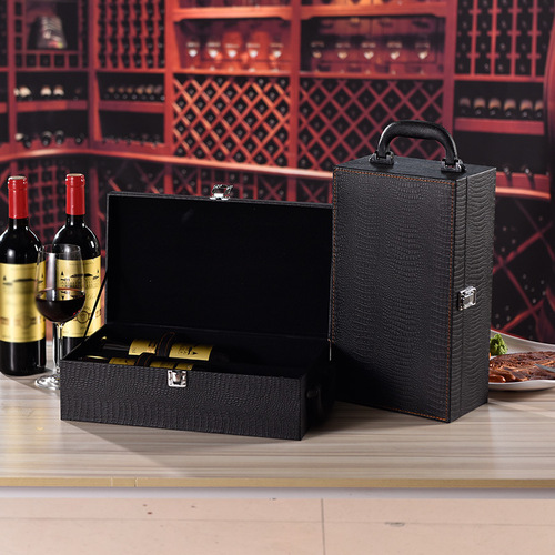 Wine Red Crocodile Pattern PU Leather Gift Box, Standard Two-Bottle Universal Wine Gift Box with Accessories