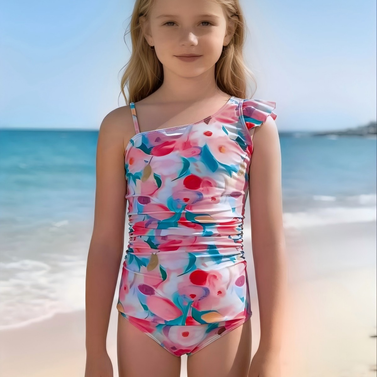 Novo estilo retrô, delicado, macacão de banho para o verão, com estampa de pintura a óleo e design plissado, para meninas de 3 a 7 anos._voghion.com
