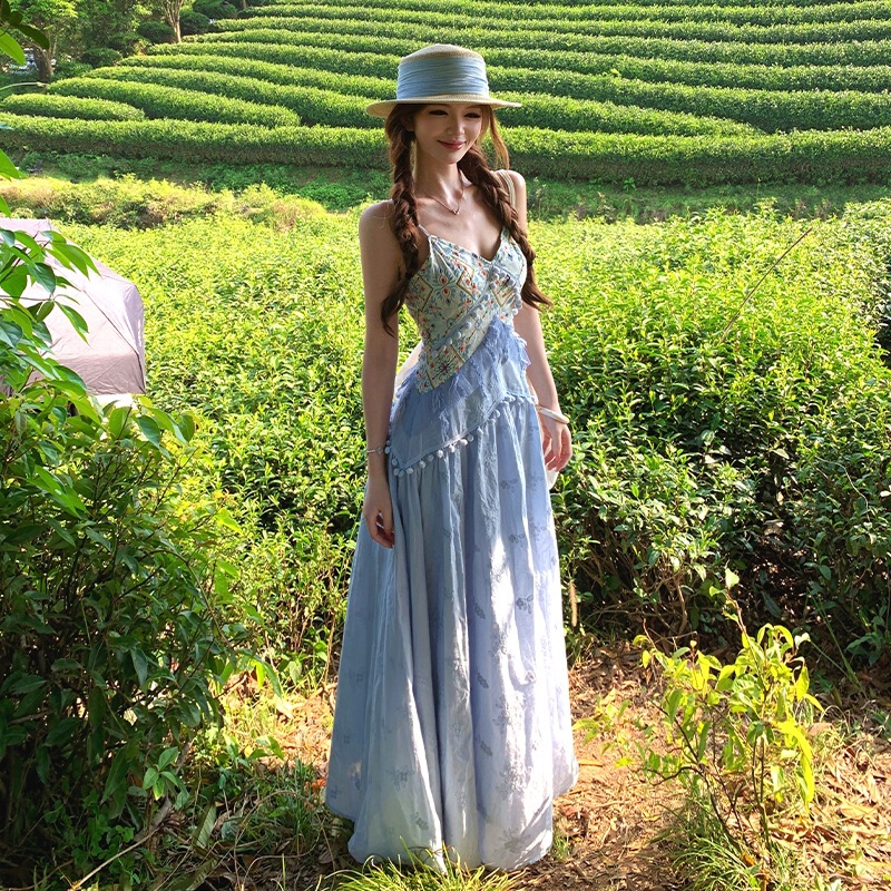 Beautifully Crafted Niche Design Ethnic Style Light Blue Patchwork Waist-Cinching Spaghetti Strap Dress with Tassels for a Date Beautifully Crafted Niche Design Ethnic Style Light Blue Patchwork Waist-Cinching Spaghetti Strap Dress with Tassels for a Date