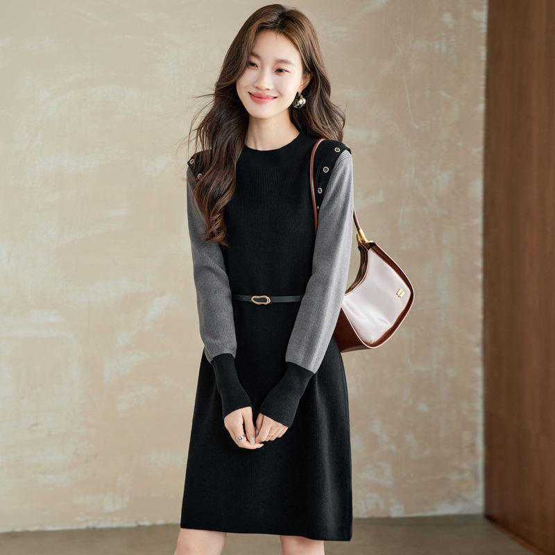 Autumn and Winter High-End Style Sweater Dress with Coat, Mid-Length Base Dress, French-Style Faux Two-Piece Knitted Dress for Women