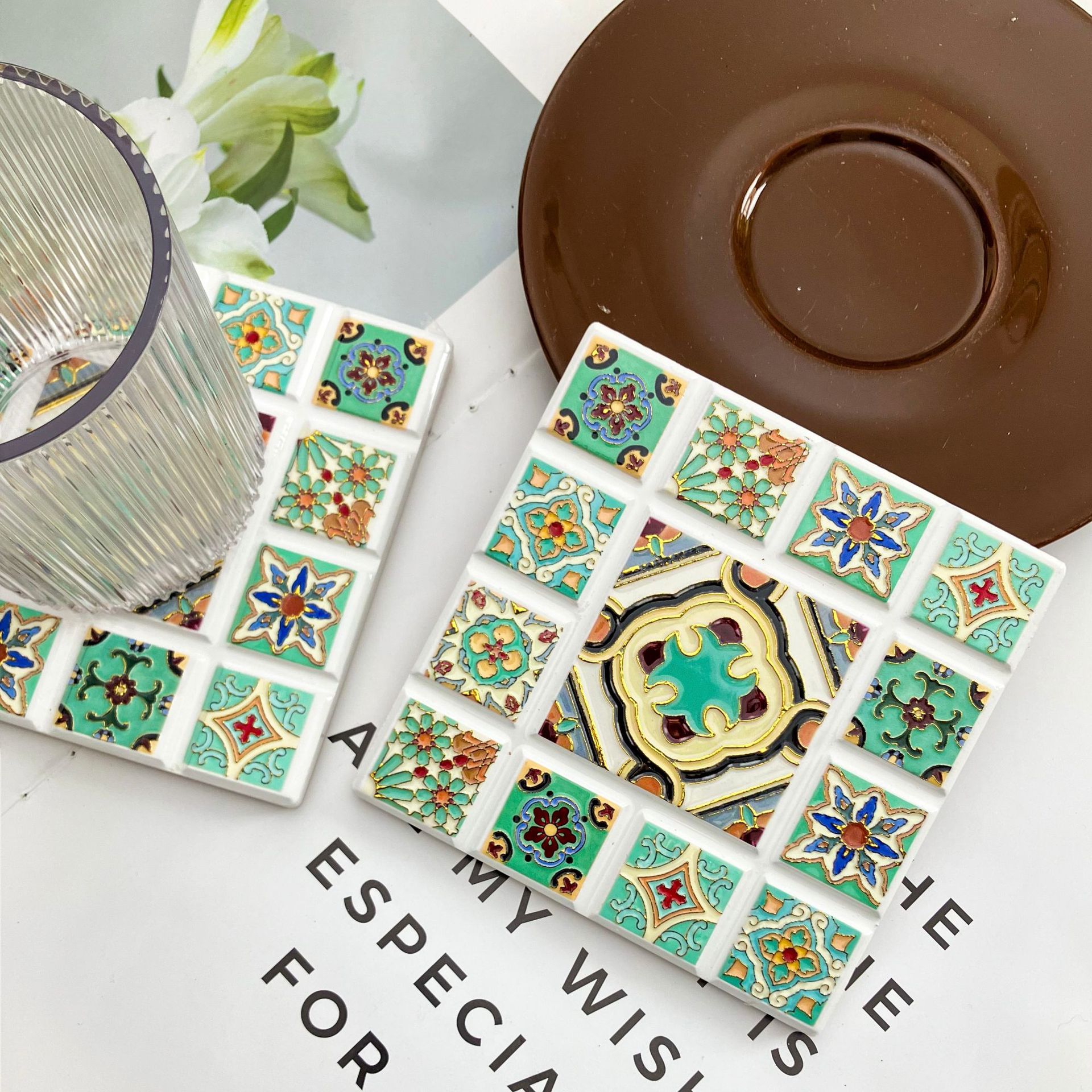 Transfronterizos nueva forma de chocolate cuadrado 3D estampado en relieve estampado taza almohadilla aislante de corcho estilo nacional retro