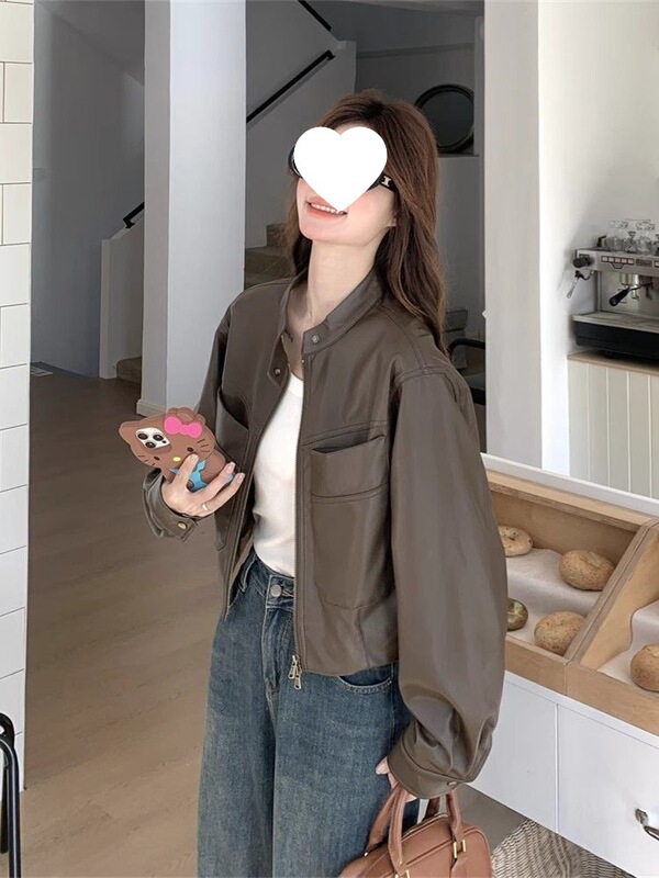 皮韩版衣美拉德多巴胺显瘦外套春秋新款夹克复古百搭女款PU皮夹克|undefined