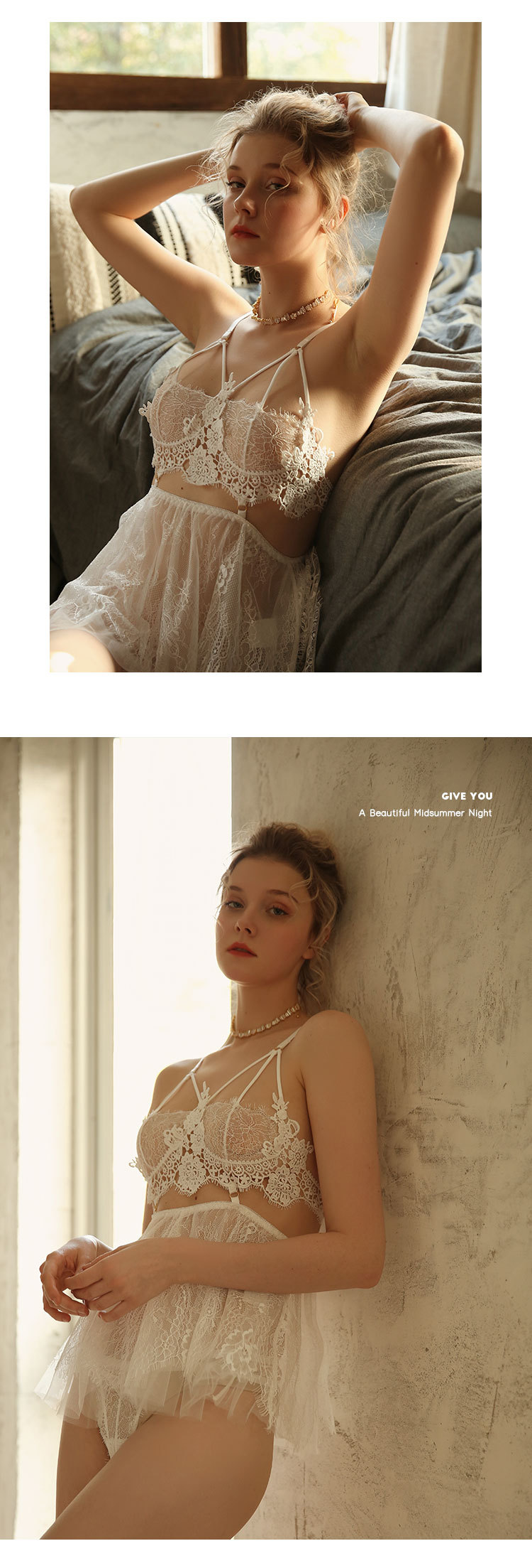 Lace Perspective Babydoll Nightgown with Matching Panty, Red Mesh Sleepwear Set — detail image 5