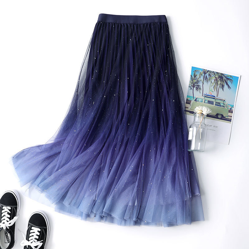 Starry Sky Gradient Gauze Skirt Women's Autumn and Winter 2024 New High Waist Sequin Mid-length Fairy Large Swing Gauze Skirt