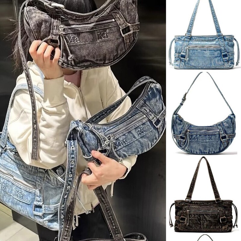 Korean Mk New Cross-Body Denim Bag, Retro Washed and Distressed Handbag, Korean Style Croissant Ins Style Tote Bag Korean Mk New Cross-Body Denim Bag, Retro Washed and Distressed Handbag, Korean Style Croissant Ins Style Tote Bag