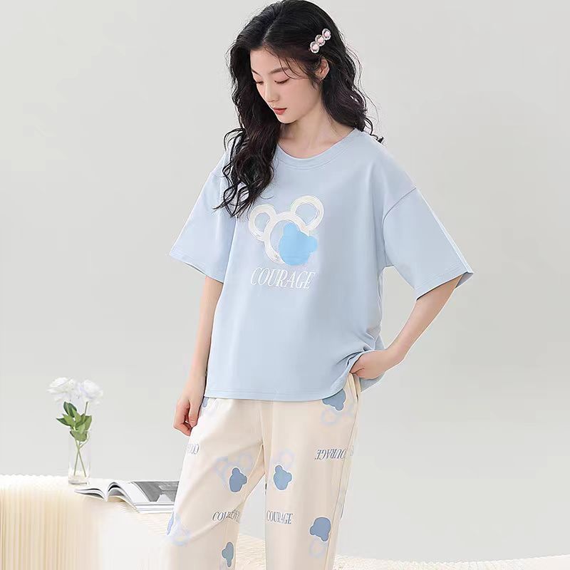 Venta al por mayor transfronteriza de nuevo estilo pijamas de cuello redondo pantalones de manga corta para mujer verano fino imitación algodón dibujos animados casual servicio a domicilio traje simple image 6
