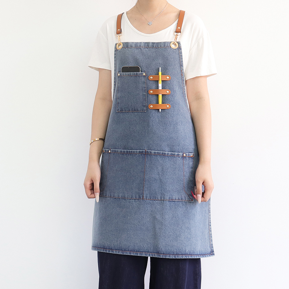 Transfronterizo Amazon lavado delantal denim logotipo personalizado una variedad de opciones barista ropa de trabajo delantal peluquería