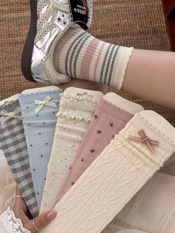 蝴蝶结miu系袜子女中筒袜春夏季薄款芭蕾风灰蓝色甜美百搭堆堆袜|undefined