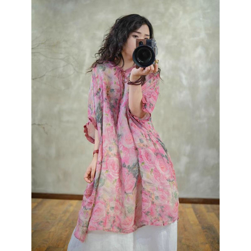 2025 Summer New Fashionable Travel Age-reducing Foreign Style Personalized Artistic Retro Printed Lightweight Shirt dress