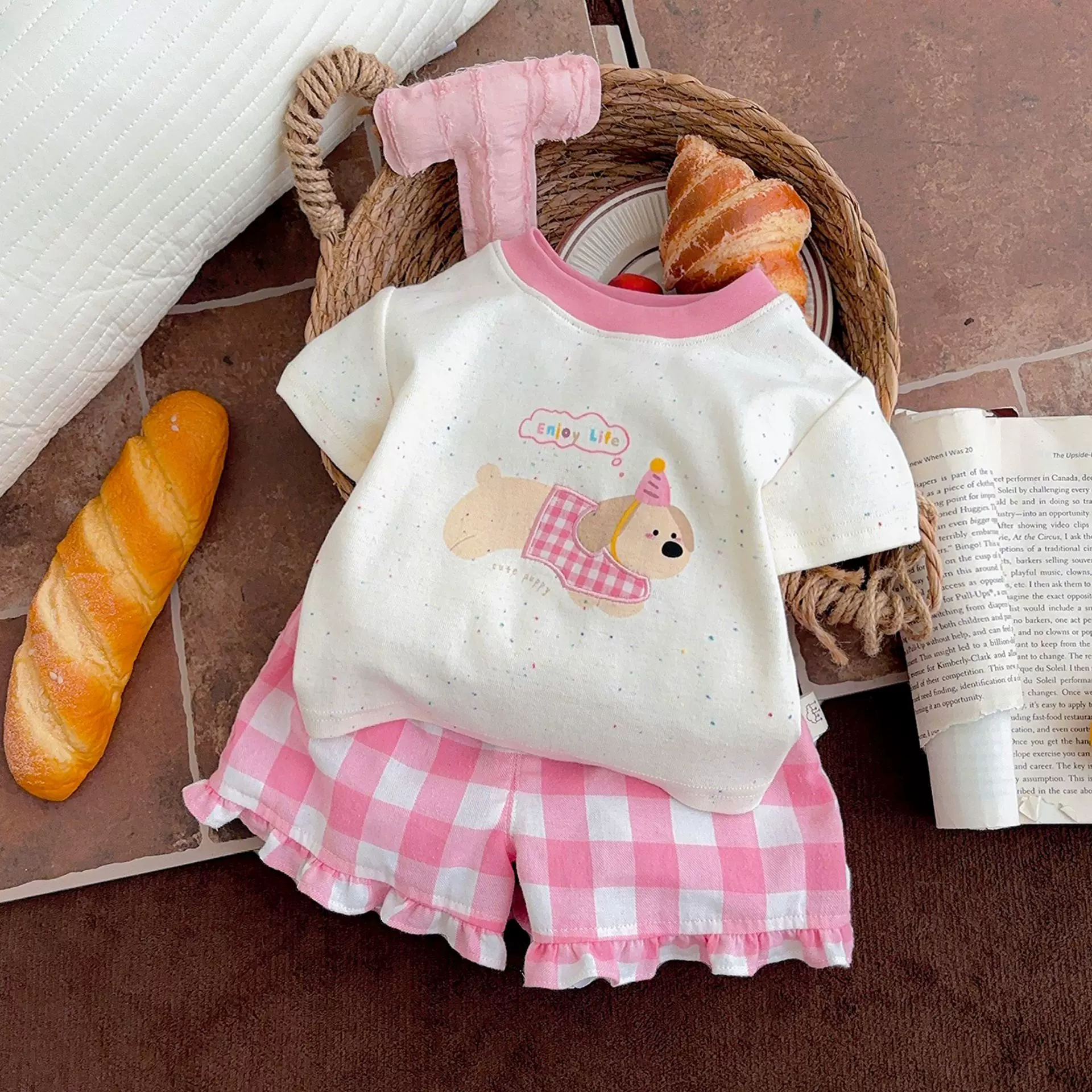 2025新款 女童可爱卡通T恤夏季女宝宝洋气格子花边短裤外出俩件套
