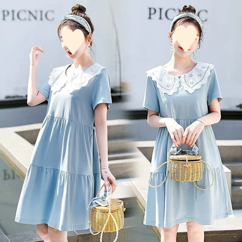 Платье для беременных, юбка, свежая летняя одежда, тонкая кукла, комплект, западный стиль, для подростков, свободный крой, воротник-кукла