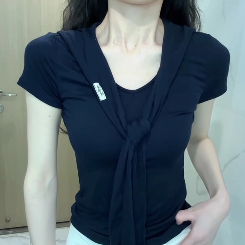 1*1 Rayon 260g Right Shoulder Sweet Slimming Look Navy Collar Blue Strap Top Short-Sleeved T-Shirt for Women Summer