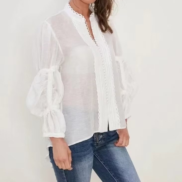 solid color Lace stitching single-breasted section sleeves shirt NSXDX135745