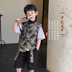 兒童新中式馬甲2024夏季新款男女童提花刺繡背心男寶國潮漢服馬甲