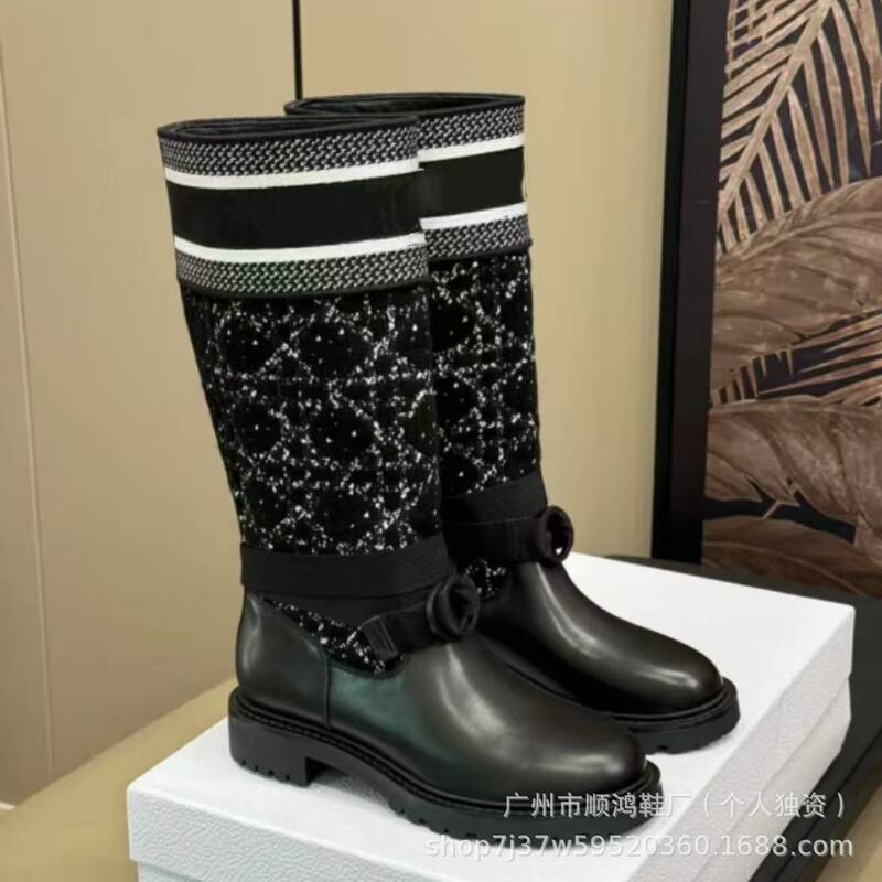 刺绣字母骑士靴百搭女2025早秋新款纯色不过膝显瘦针织靴子高筒靴|undefined