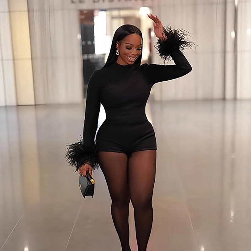 D9580 Amazon European and American Hot-Selling Women's Clothing Sexy Round Neck Backless Long-Sleeved Plush Pure Color Tight Jumpsuit