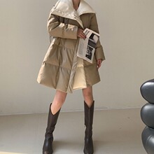 潮ins卡其色翻领PU皮面名媛大衣女2025冬季免洗面包服中长款外套