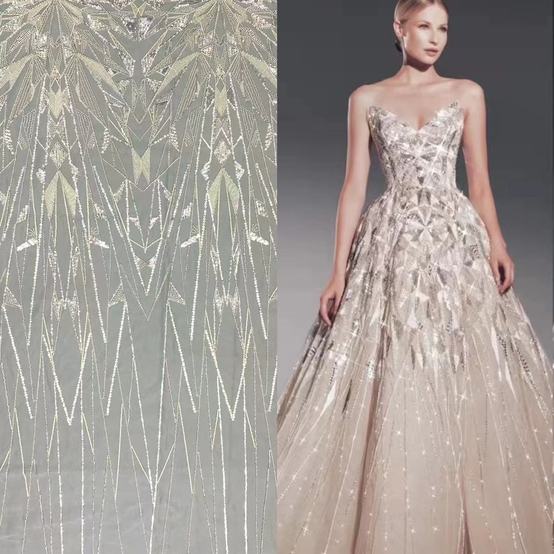 Irregular lentejuelas con cuentas bordado de tela de moda vestido de novia francés encaje tela francesa JX1965 image 1