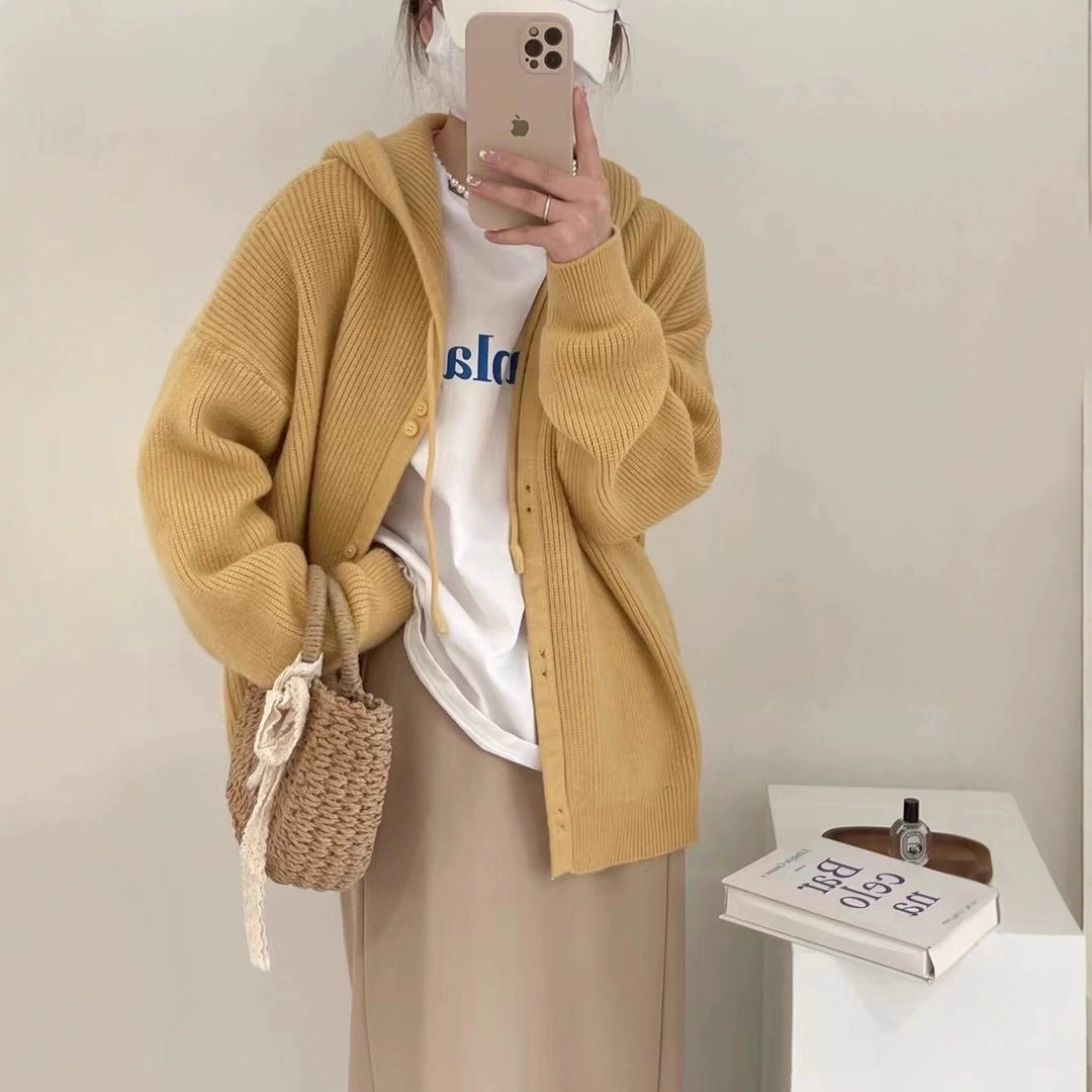 Вязаный кардиган с капюшоном, Ранняя осень 2023, новый мягкий вощистый корейский Свободный мягкий свитер с фруктозой, Женское пальто, Топ