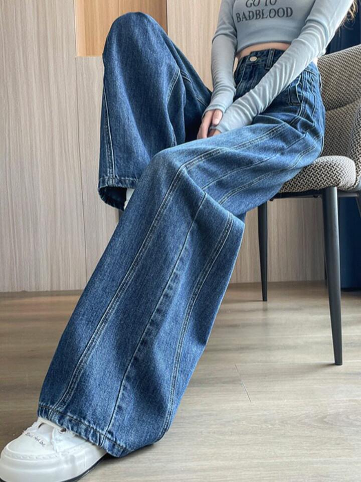Quần jean ống rộng nữ cạp cao dáng dài chấm gót, vải denim mềm rủ — Quần dài màu xanh cổ điển - mẫu đơn, Quần dài đen vàng xanh - mẫu đơn, Quần lửng màu xanh cổ điển - mẫu đơn, Quần lửng đen vàng xanh - một kiểu