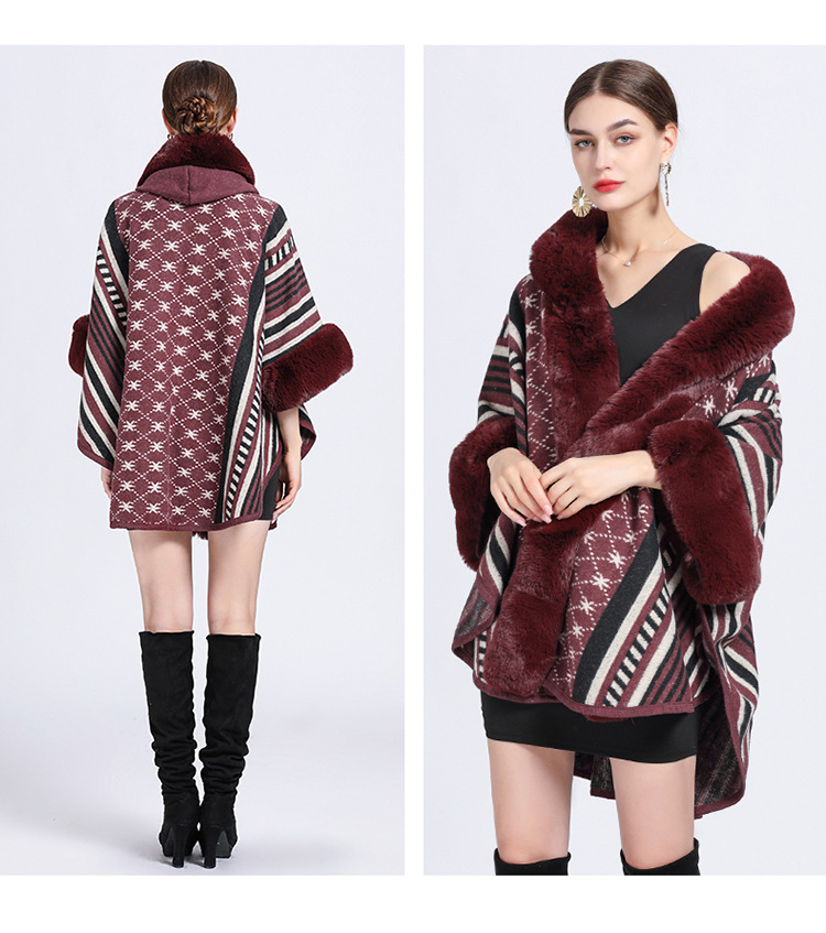Mantella collo pelliccia grande taglia jacquard cardigan maglione cappotto donna_voghion.com