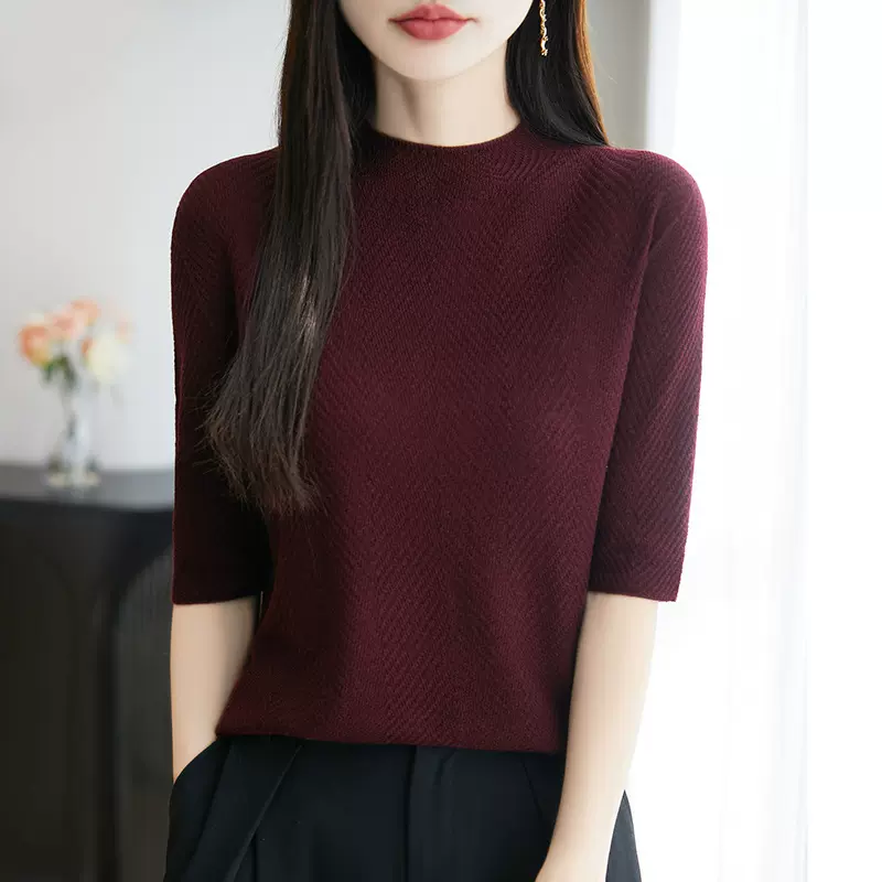 夏季新款半高领无缝鱼骨天丝针织衫女羊毛半袖纯色套头打底衫代发