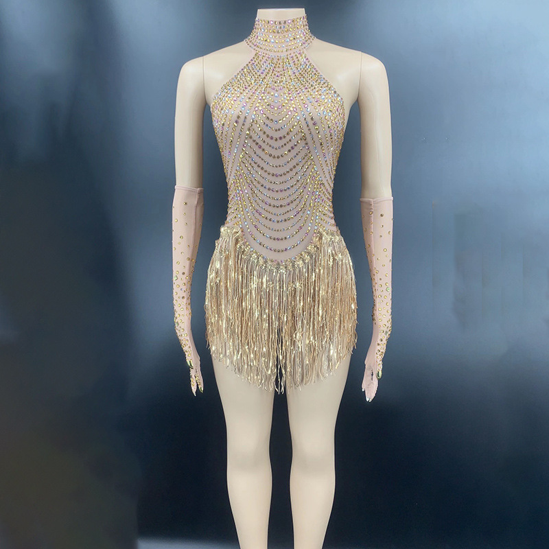 Champagne tassel evening dress bar nightclub gogo disco fashion club ball shaping performance banquet