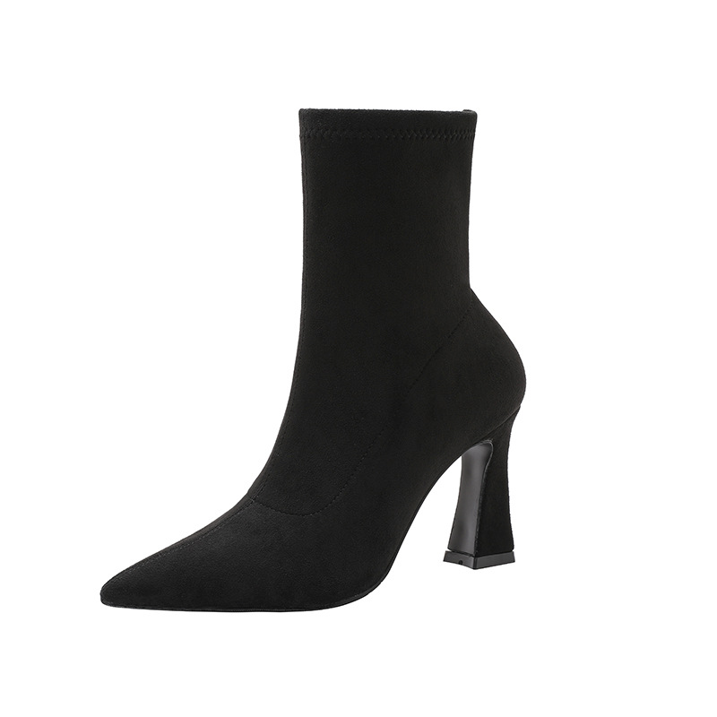 Elastische, schlanke 2026 Neue vielseitige schwarze Damenstiefel aus dickem Wildleder mit spitzer Zehenpartie, hohem Absatz und mittelhohem Schaft – Figurformend_voghion.com