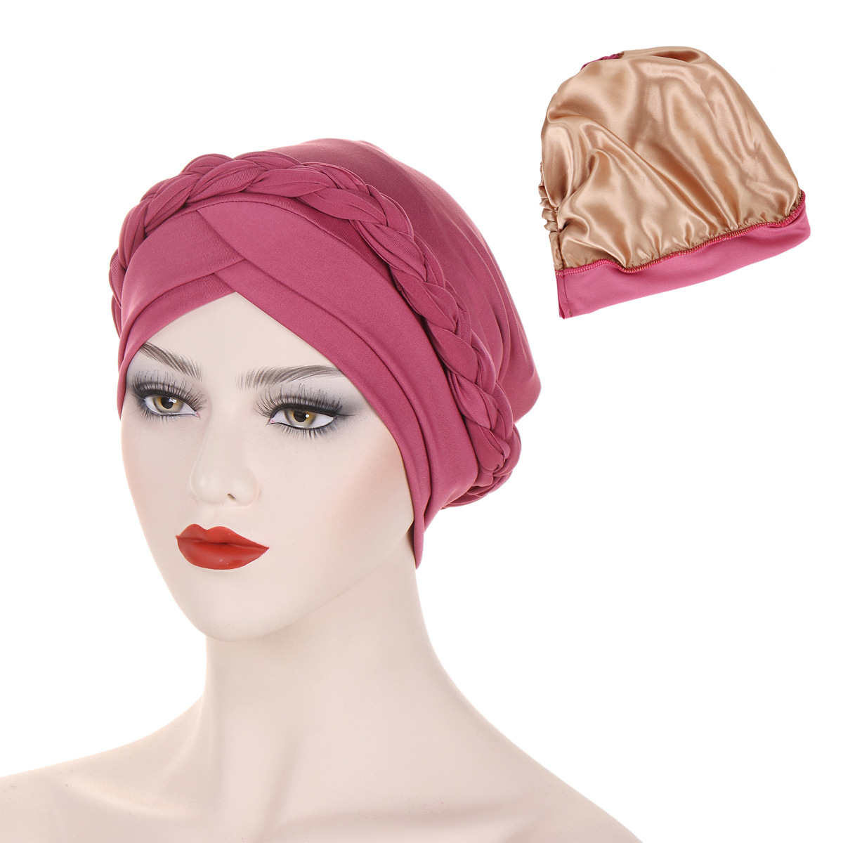 women's forehead double cross solid color satin lined braided turban hat Muslim pullover hat in stock_voghion.com
