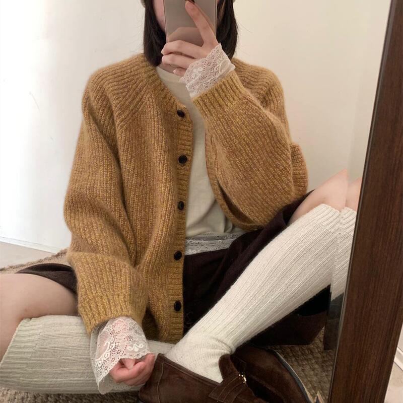Korean Style Fashion Design Sense Crewneck Single-breasted Knitted Cardigan Flora Camel Velvet Sweater Coat Top