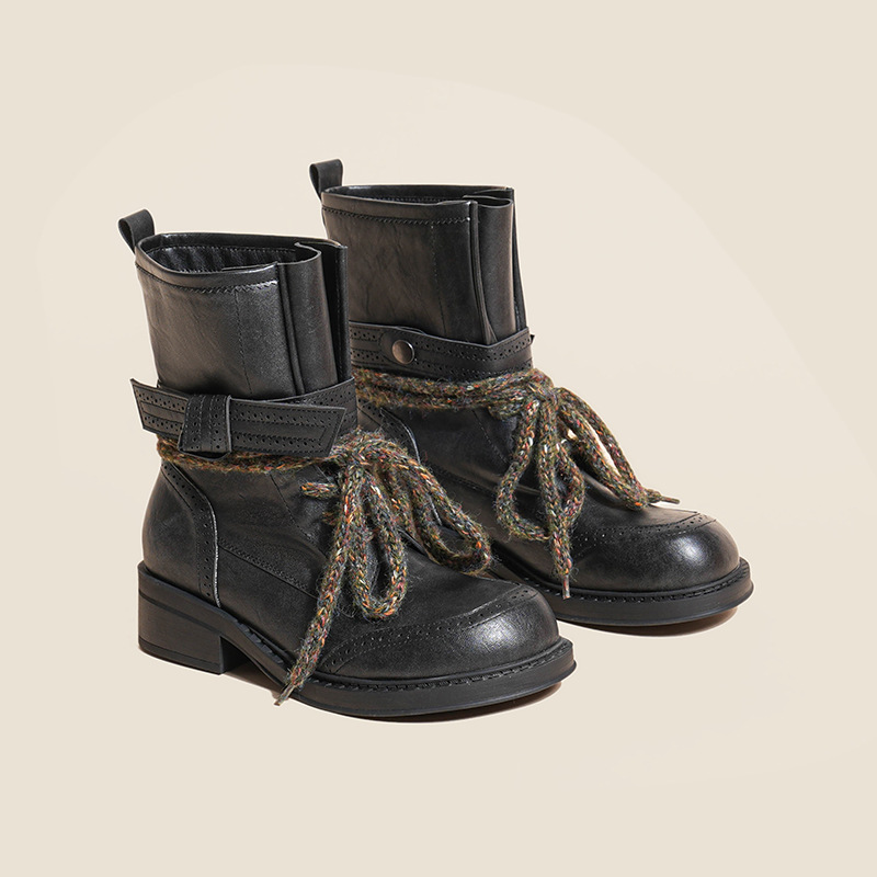 [Ready Stock] Large Size 4142 Kangaroo Boots for Women 2026 New Thick Heel Round Toe Boots Versatile Mid-Calf Motorcycle Boots