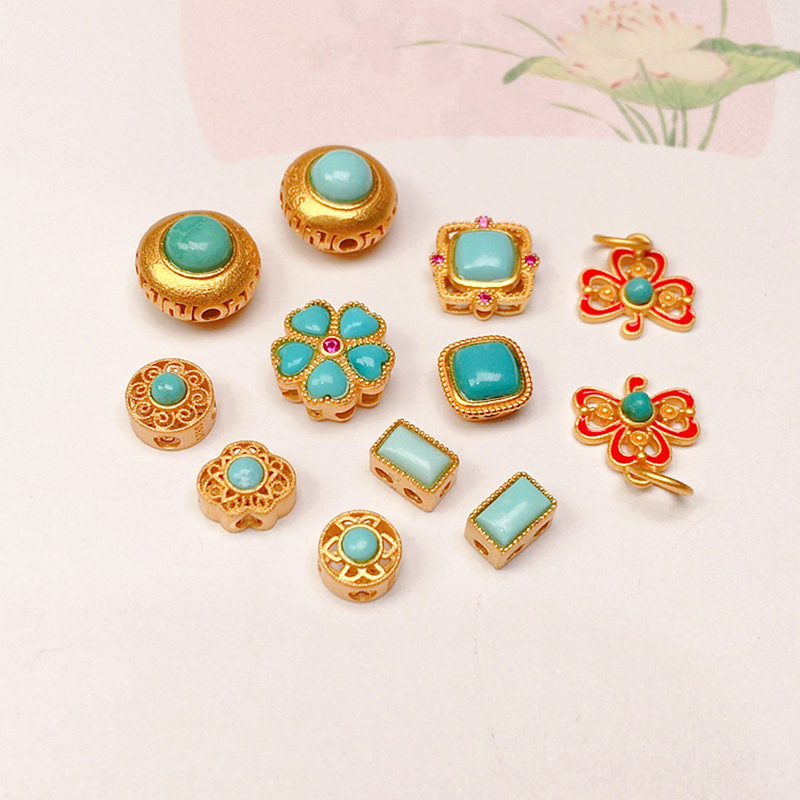 Natural turquoise round table accessories s925 silver gold-plated bracelet necklace string decoration diy handmade beads semi-finished products