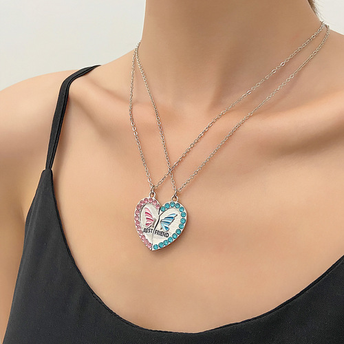 Cross-border New Friendship Necklace Set for Women, Alloy Heart Rainbow Necklace Set, European and American Style Personality Good Friend Lockchain