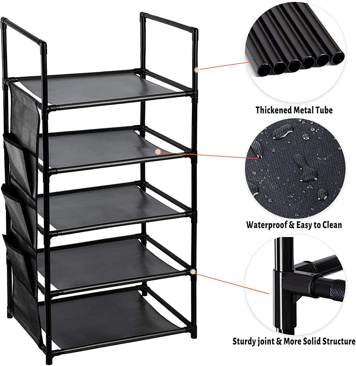 跨境专供简易安装无纺布侧挂袋五层鞋架置物自由组装厂家直销