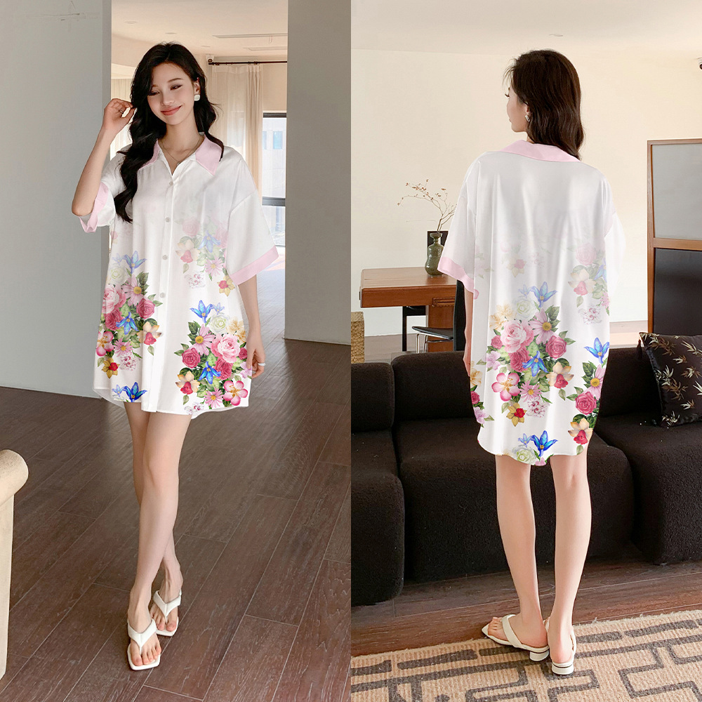 Yaoting nuevo pijama de gasa de satén para mujer Camisa de manga corta de verano camisón ropa de hogar suelta drapeada SQ3524